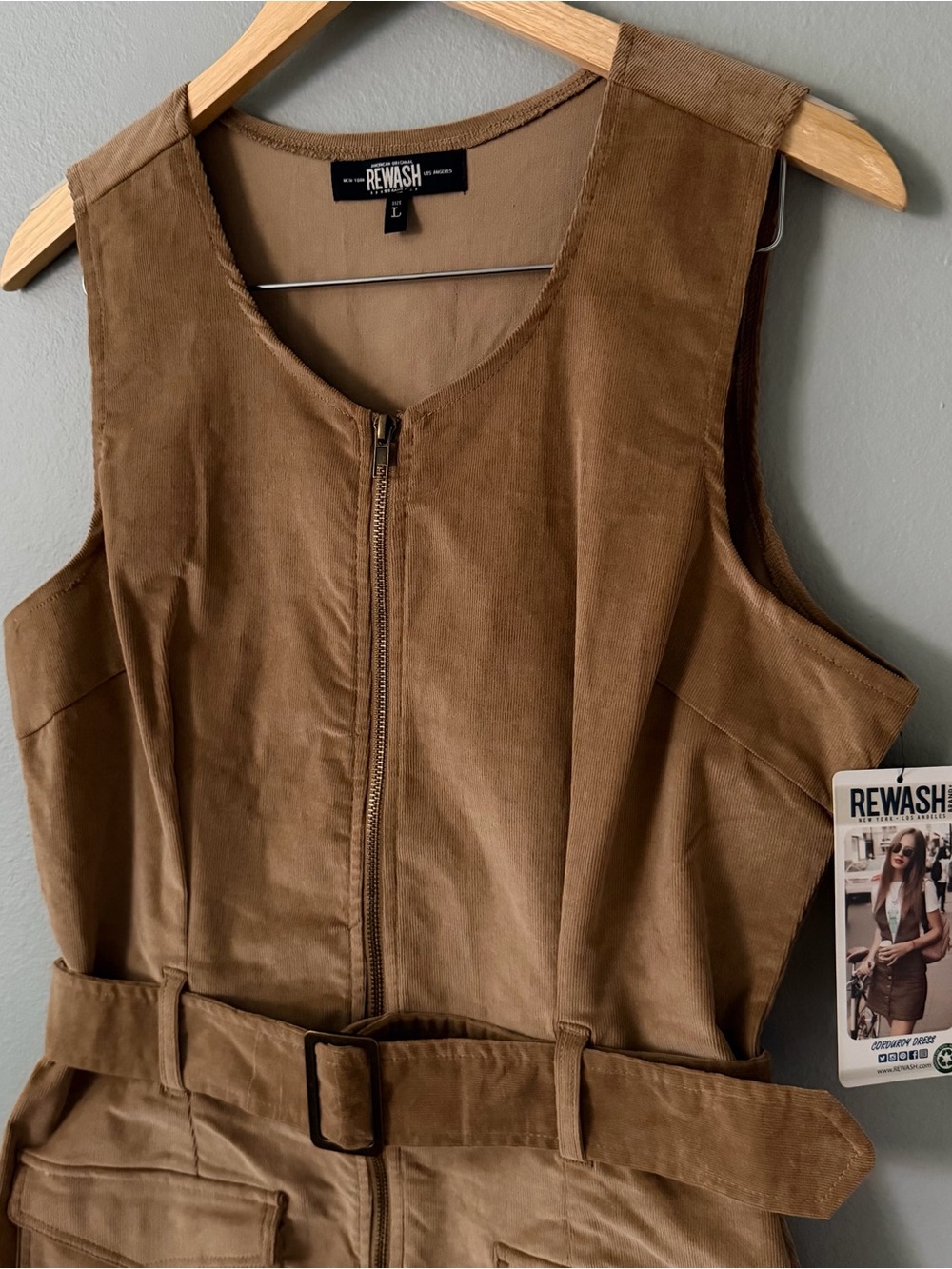 Rewash NWT Corduroy Utility Dress Belted Zip Front Pocketed Size L - Picture 3 of 9